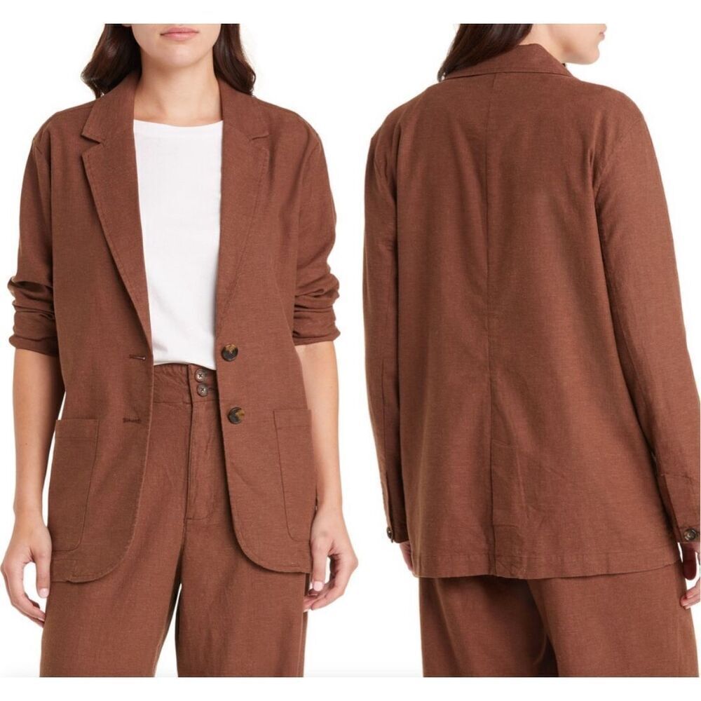 Marine Layer Flora Hemp Blazer Single Breasted Two Button Jacket Dark Brown Larg